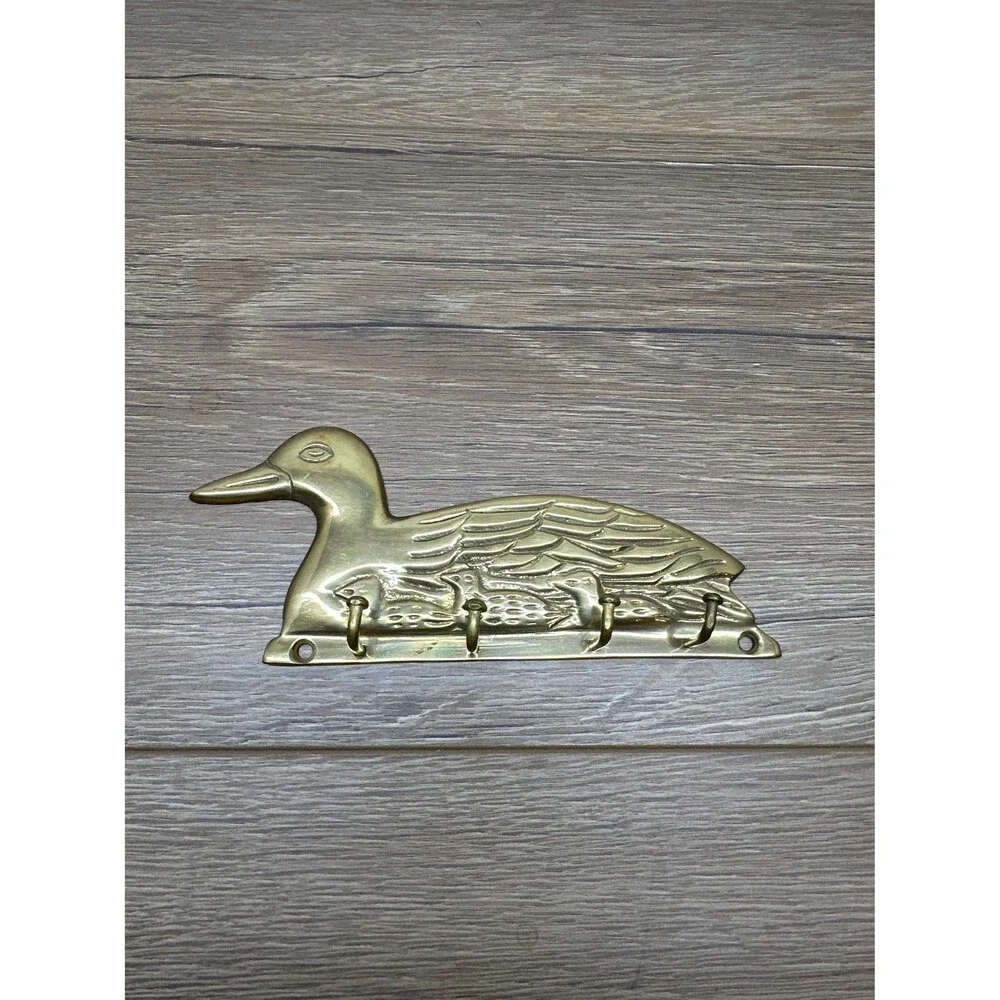Vintage Solid Brass Duck Key Rack Wall Mount 4-Hook Cottagecore Upper Deck LTD